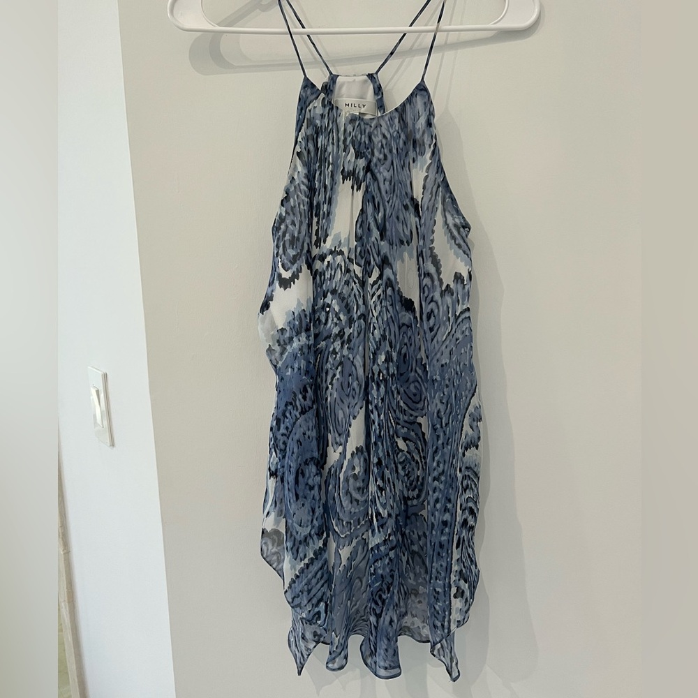 Millie blue white chiffon, silk spaghetti strap flowy tank top, lined Sz 4